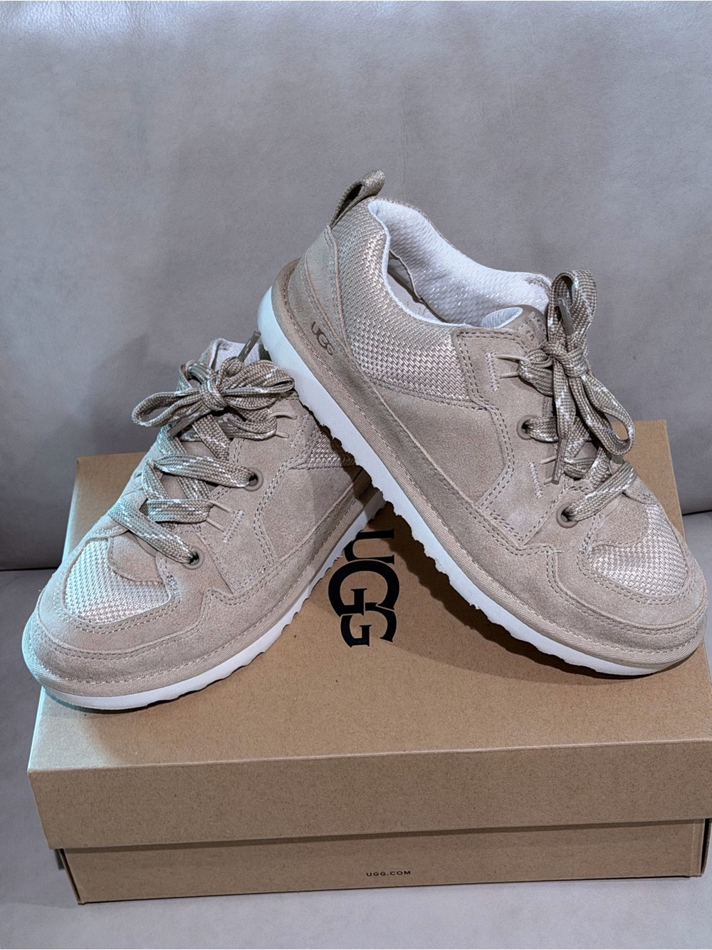 UGG Kids Neutral Beige/Tan Suede & Mesh Sneakers Lowmel